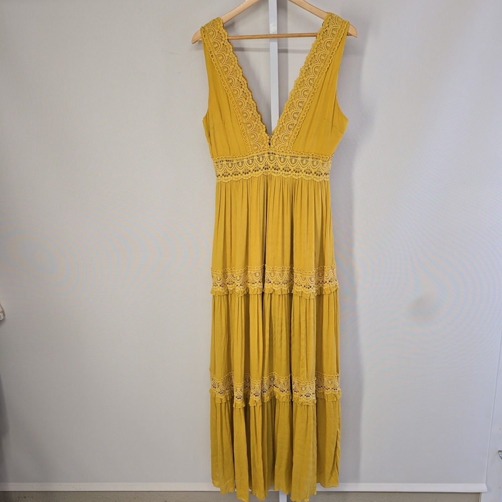 Forever‎ 21 Mustard Yellow Crochet Lace Tiered Maxi Dress Womens Large Boho
